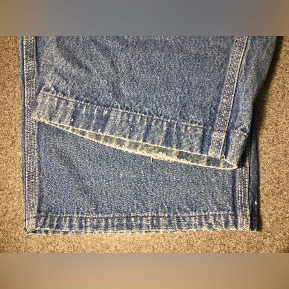 Carhartt Bib Overalls Mens 46x32 Blue Denim R08DNM Paint Splatter Workwear - Picture 7 of 9